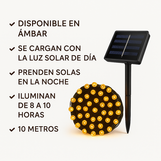 LUCES NAVIDEÑAS AMBAR CON PANEL SOLAR-10 METROS
